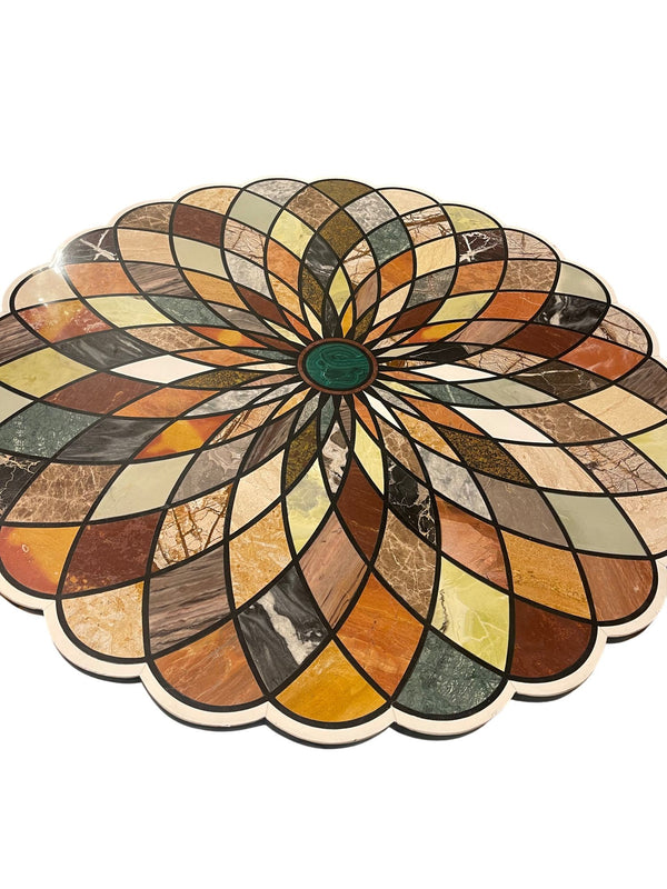 Early 20th C. Italian Pietra Dura Geometric Flower Center Table w/ Marble Base