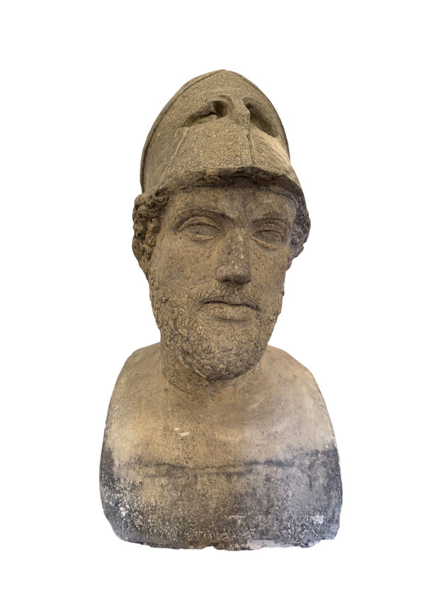 Carved Stone Bust of Pericles with Corinthian Helmet. Italy, 20th Century.