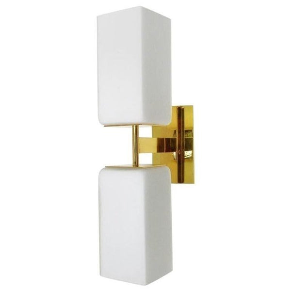 Set of Eight Modern Frosted White Murano Glass & Brass Sconces. Italy, 1990's.