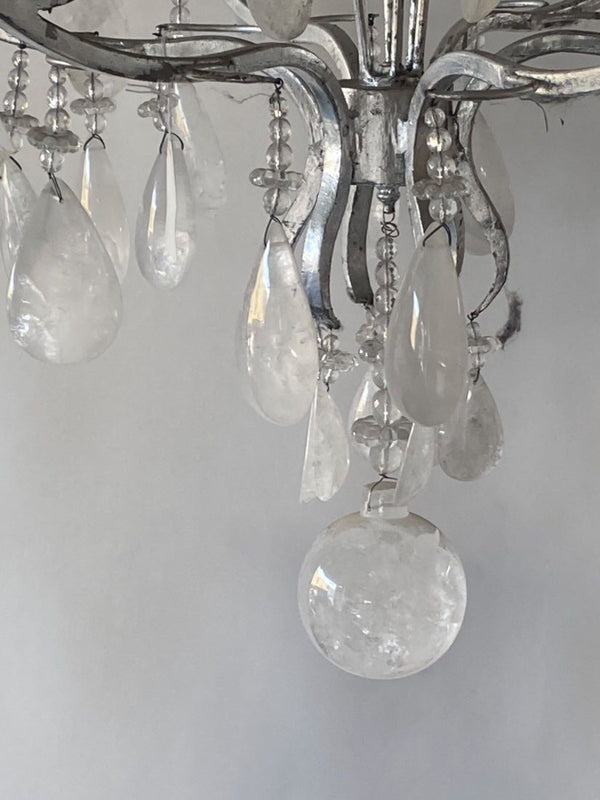 Large Silver Leaf Wrought Iron & Rock Crystal 6-Light Chandelier, 20th Century.