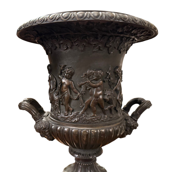 Pair of 19th Century French Bronze Urns on Marble Pedestals.