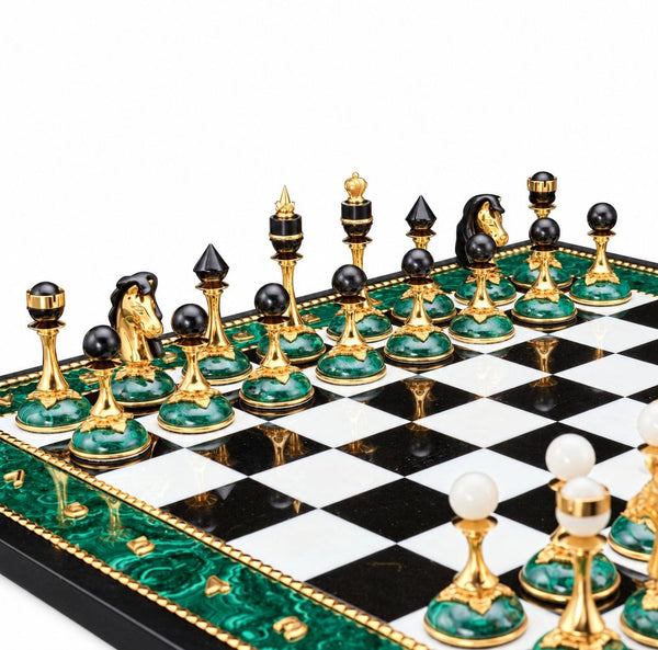 20th Century Russian Dolerite, Malachite & Kascholong Opal Chess Set.