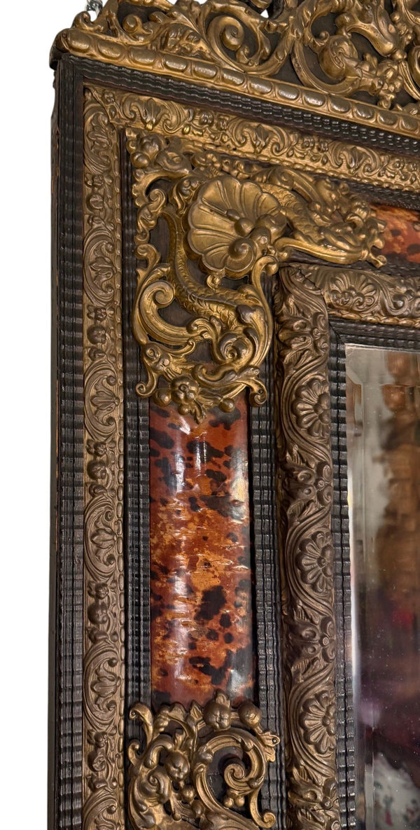 19th Century Flemish Repoussé Brass & Tortoiseshell-Pattern Mirror