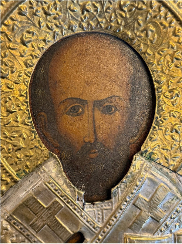 19th Century Russian Saint Nicholas Icon with Repoussé Oklad