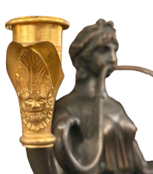 Pair of French 19th Century Empire Style Bronze, Ormolu & Marble Candelabras.