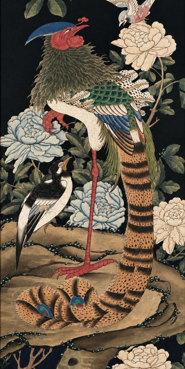 Oversized 19th C. Chinese Handpainted Hundred Birds Paying Homage to the Phoenix