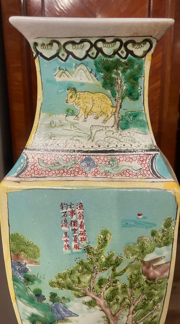 Pair of Early 20th Century Chinese Famille Verte Porcelain Vases w/ Kangxi Mark