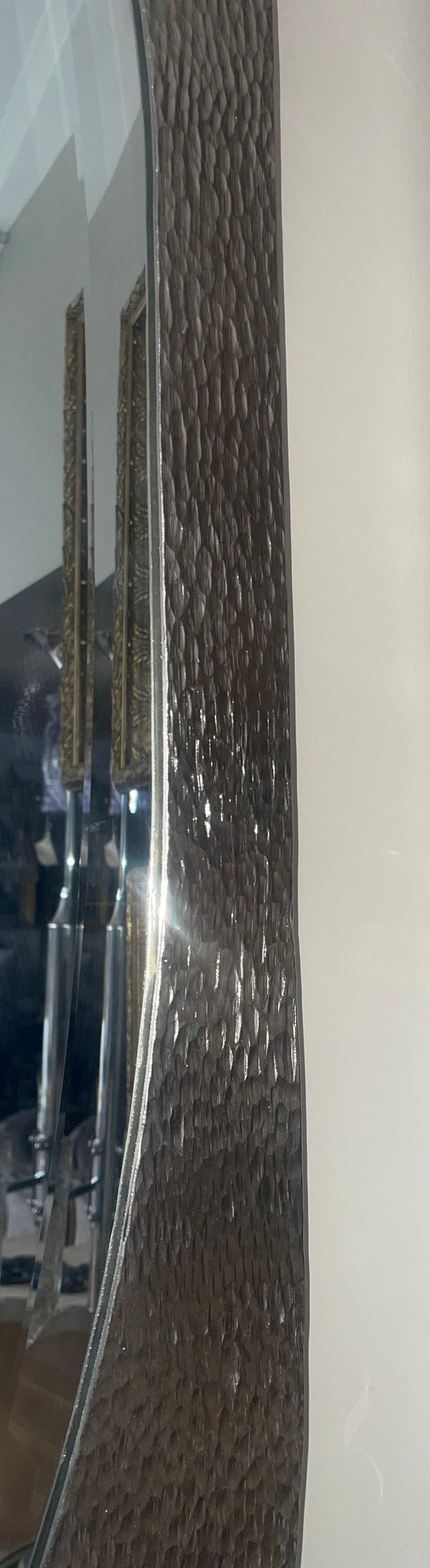 Pair of American Contemporary Hammered Metal Consoles with Mirrors & Marble Tops