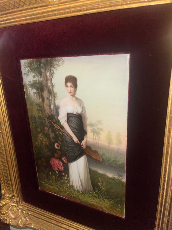 19th Century Pair Italian Porcelain Plaques on Gilt Frames with Red Velvet Mats