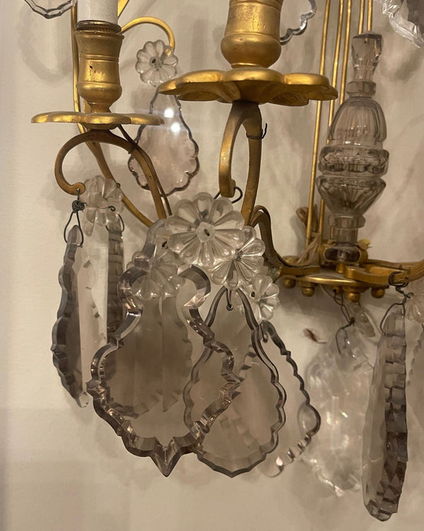 Pair of French Gilt Bronze and Crystal Wall Sconces, Late 19th Century.