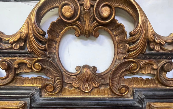 19th C. Carved Rococo-Style Black and Gold Mirror with Painted Hanging Garlands