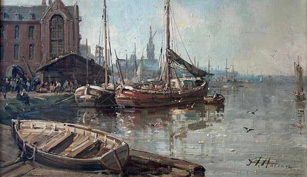 A. Masson “Anvers from the River” Oil Painting. 19th Century, France.