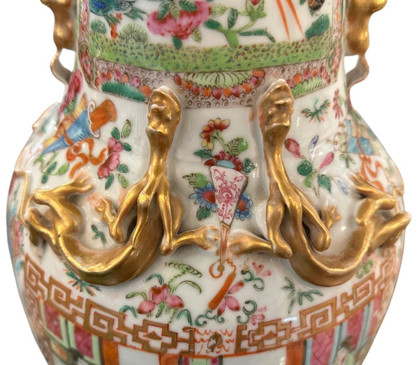 Pair of Late 19th Century Chinese Canton Rose Medallion Lamps