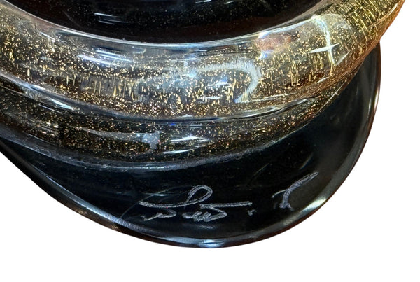 Signed Camozzo Murano Dark Amethyst Art Glass Vase with Gold Flecks.