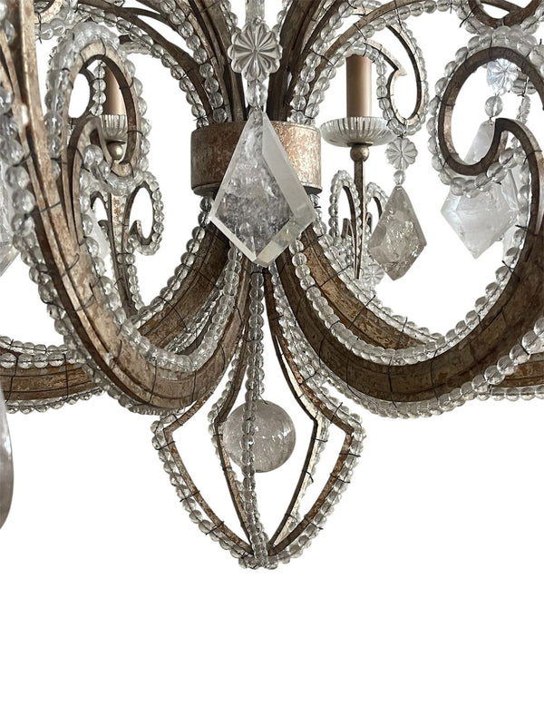 Pair of French Silver Leaf Wrought Iron Chandeliers w/ Rock Crystal–20th Century