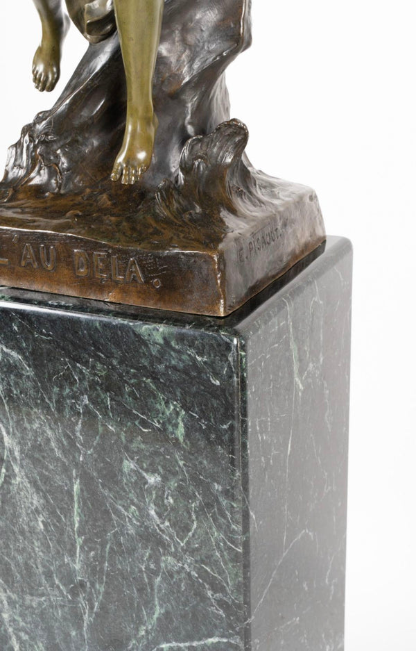 'L'au Dela' Bronze Sculpture on Marble Pedestal by Émile Louis Picault