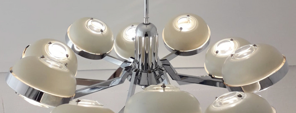 Chandelier with Glass Lens Diffusers and Enameled Metal Shades by Torlasco Italy