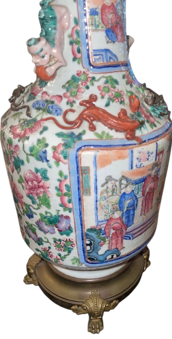 19th Century Chinese Famille Rose Porcelain & Bronze Table Lamp