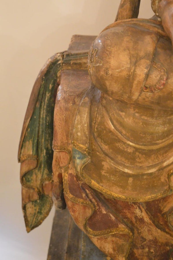 Large Chinese Hand-Carved Polychrome Wood Figure of Guanyin, Late 19th Century.