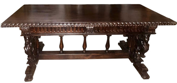 Renaissance Revival Carved Walnut Trestle Continental Table. Italy, Late 19th C.