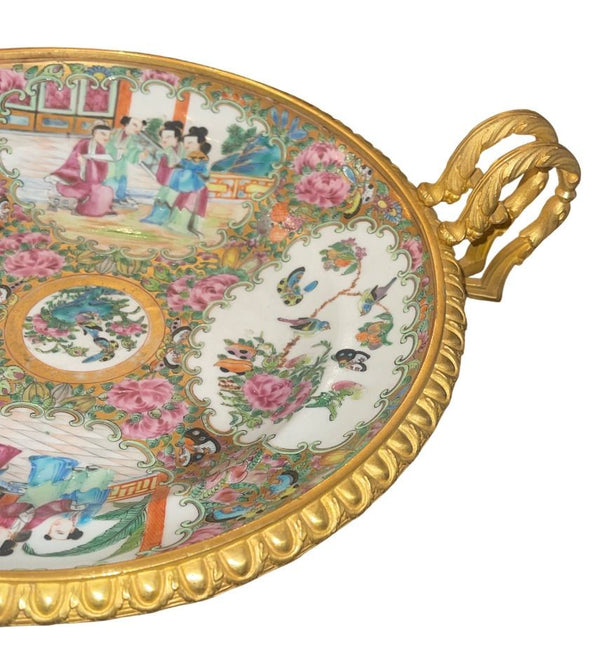 Late 19th C. French Gilt Bronze Mounted Chinese Famille Rose Centerpiece Tazza