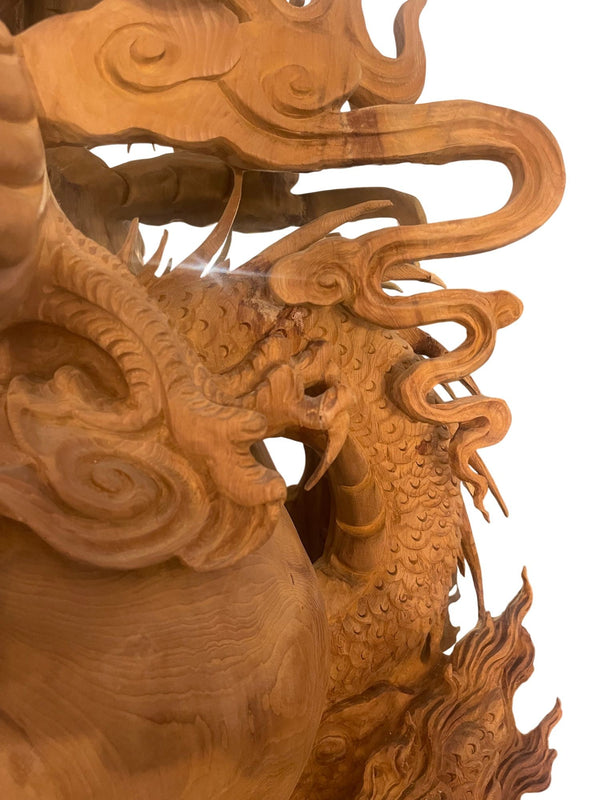 Large 20th Century Vietnamese Nhất Long Vờn Ngọc Dragon Pearl Wood Sculpture