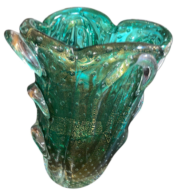 Seguso Murano Green & Gold Aventurine Art Glass Vase. Mid-20th Century.