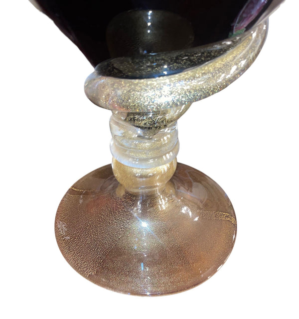 Dark Amethyst Murano Glass & Gold Fleck Glass Compote. Signed by Camozzo.