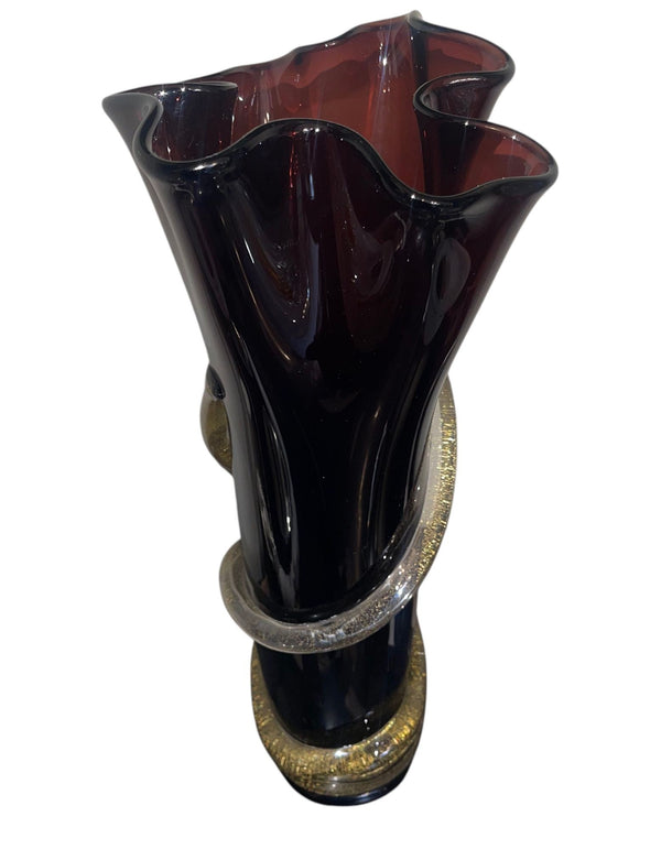 Signed Camozzo Dark Amethyst & Gold Fleck Murano Glass Vase. Italy, Late 20th C.
