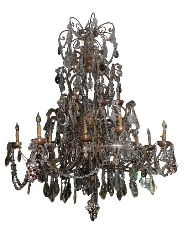 Monumental Venetian Wrought Iron, Wood & Crystal Chandelier Early 19th Century