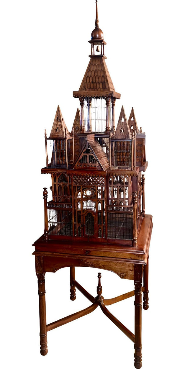 Monumental Victorian Gothic Revival Mahogany Bird Cage on Stand. England 19th C.