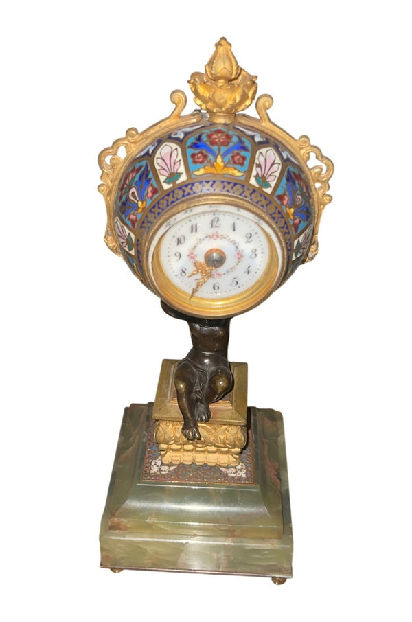19th Century French Champlevé Enamel Figural Mantel Clock
