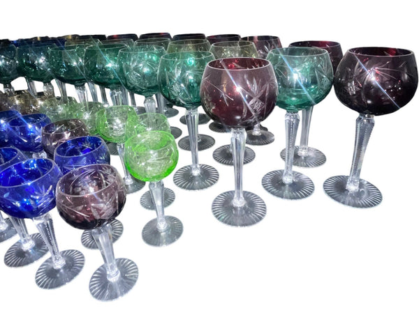 Set of Sixty Cut Crystal Colored Wine & Cordial Glasses. Czech Republic Mid-20th