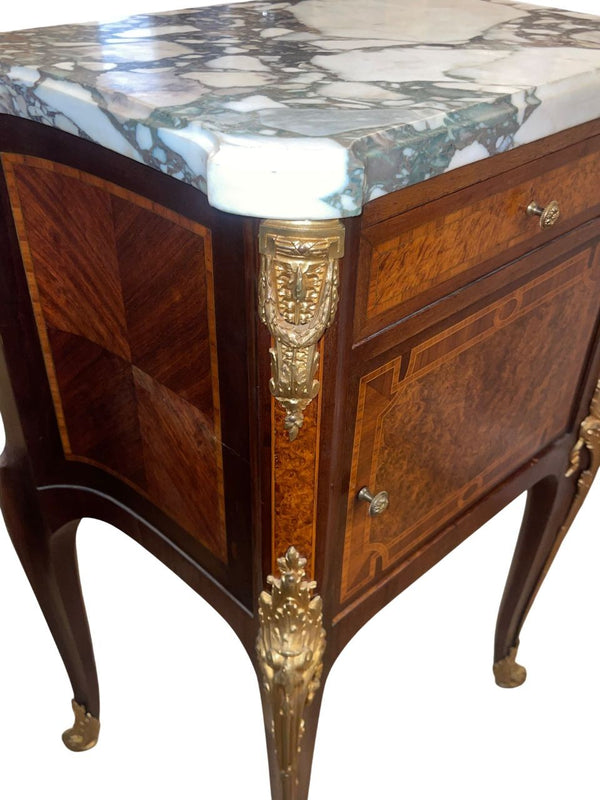 Pair French Bronze-Mounted Marble-Top Nightstands Louis XV Style, Late 19th C.