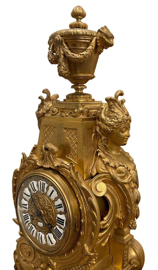 Large 19th Century French Doré Bronze Clock Garniture Marked Jules Graux, Paris.