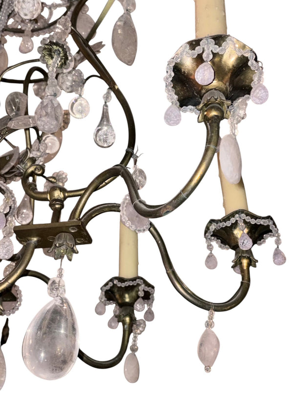 Maison Baguès Rock Crystal & Rose Quartz Chandelier, France, 1940's