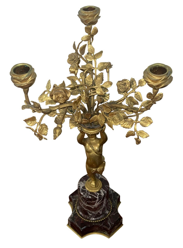 Pair of 19th Century Gilt Bronze Figural Putti Candelabras on Marble Base