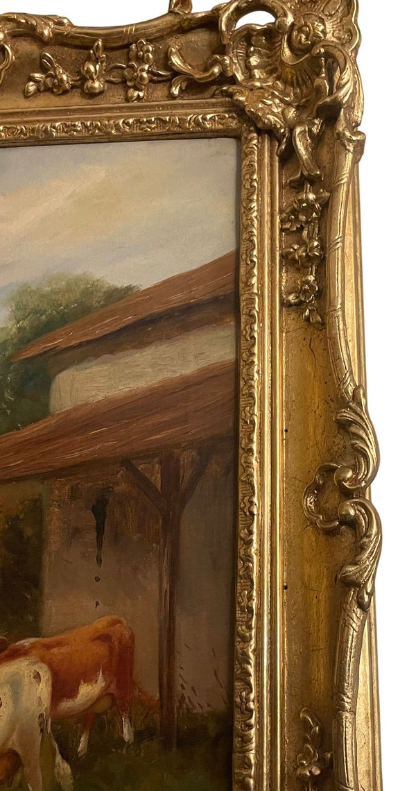 19th Century Italian Pastoral Cow Painting Signed by Vitolla