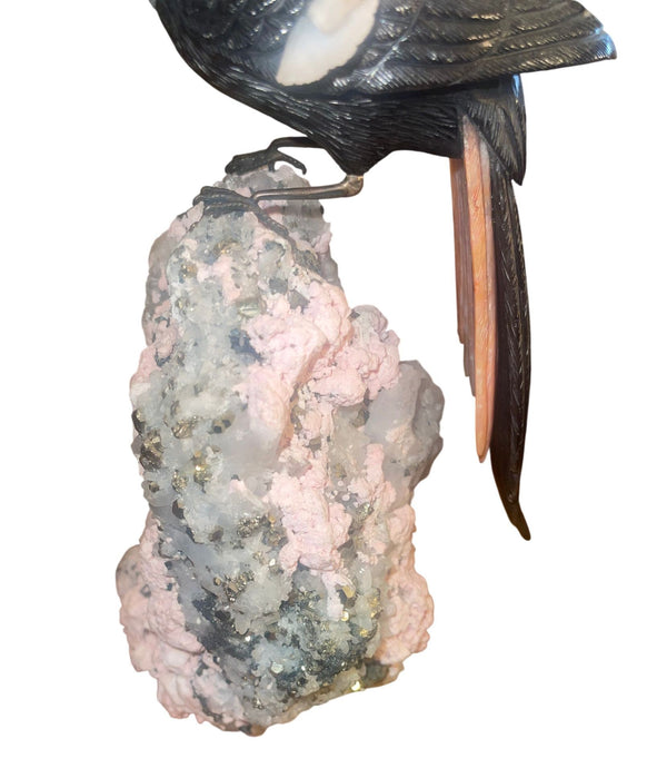 Idar-Oberstein Gemstone Oriole on Quartz Base Sculpture. Germany, 20th Century.