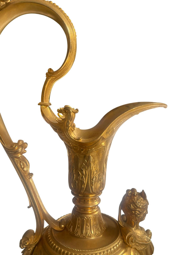 Pair of French Belle Époque Gilt Bronze Ewers on Marble Bases. Late 19th Century