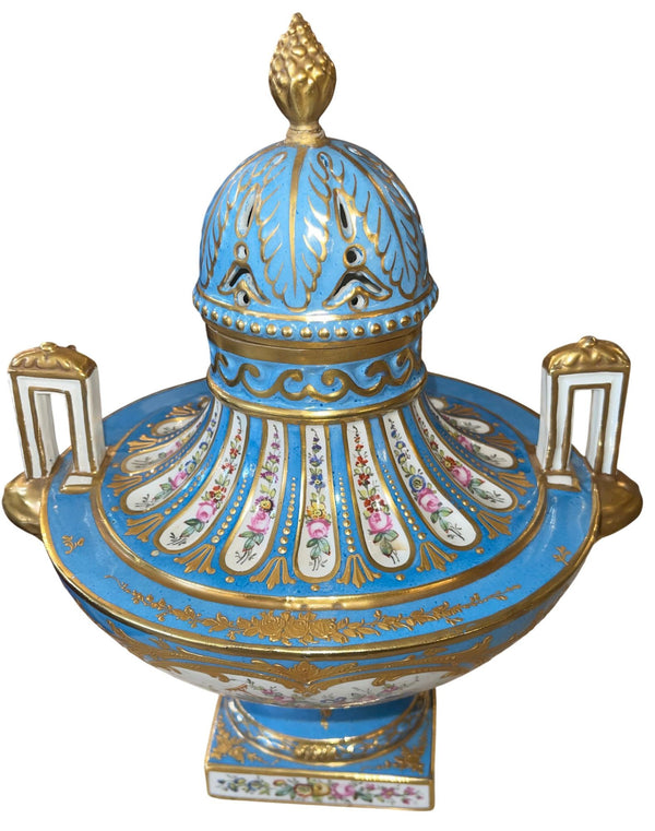 Pair of Sèvres Style Celestial Blue Porcelain Urns. Early 20th Century, France.
