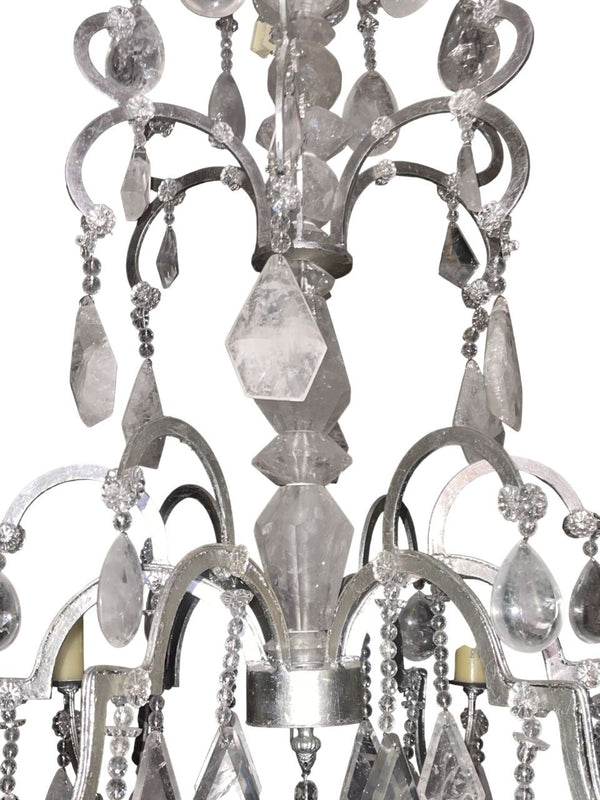 Italian 20th Century Silver Leaf Wrought Iron Chandelier with Rock Crystal