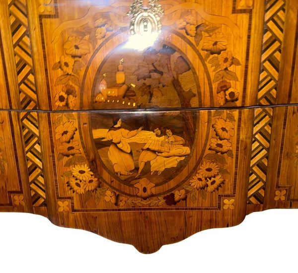 19th Century French Louis XV Style Inlaid Commode with Bronze & Marble Top.