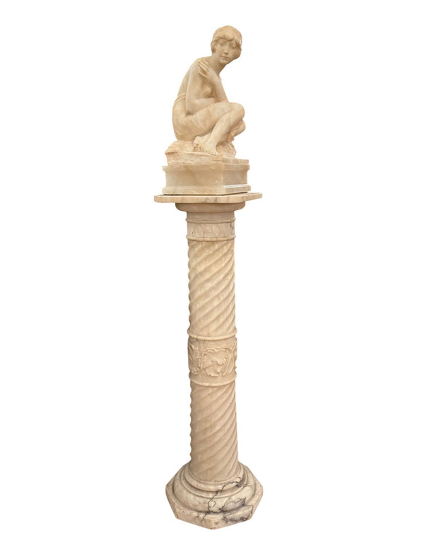 Italian Alabaster Female Bather Lamp with Pedestal. Early 20th Century.