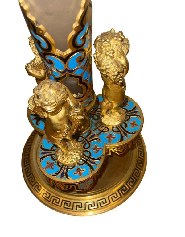 Late 19th Century French Champlevé Enamel and Gilt Bronze Mounted Glass Vase