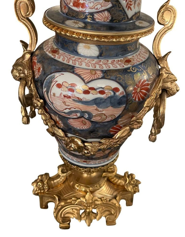 19th Century French Imari Porcelain & Patinated Bronze Garniture Clock Set