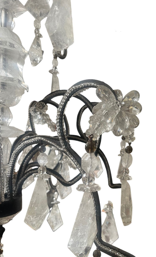 Elegant Italian Rock Crystal & Black Metal Chandelier. 20th Century.