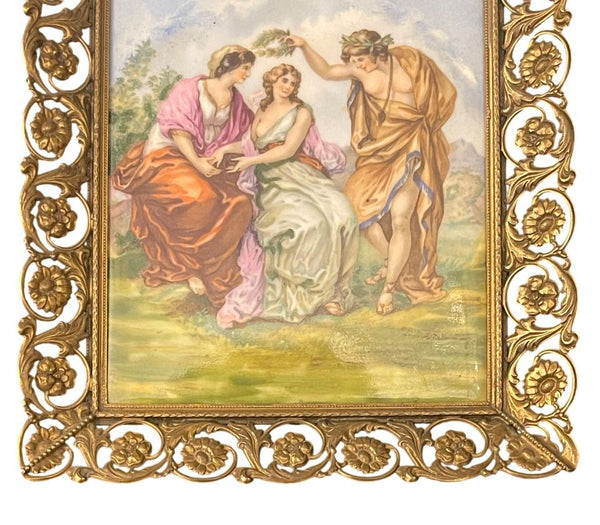Pair French Limoges Porcelain Plaques in Ornate Gilt Metal Frames. Early 20th C.