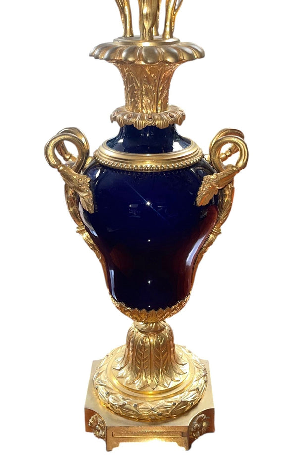 Pair of French Bronze & Deep Cobalt Porcelain Candelabras. 19th Century.