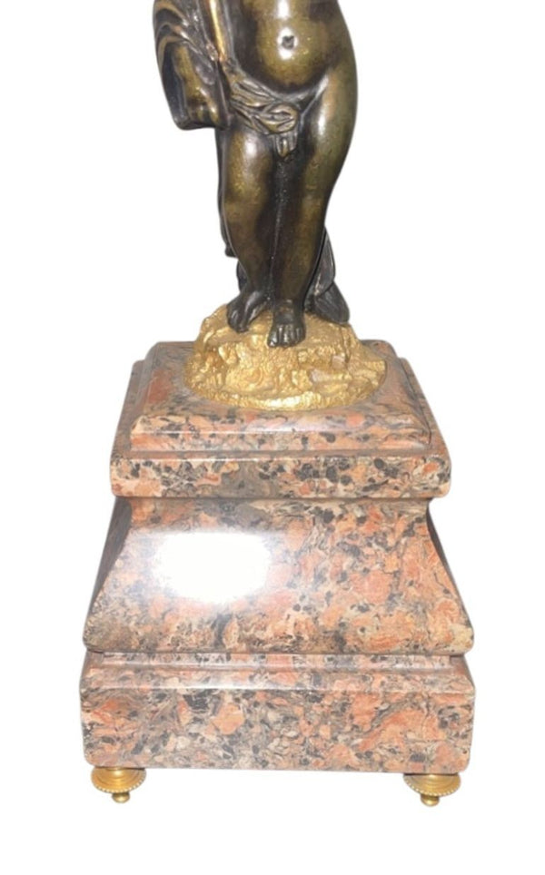 Pair of Late 19th C. French Belle Époque Candelabras Bronze, Gilt Metal & Marble